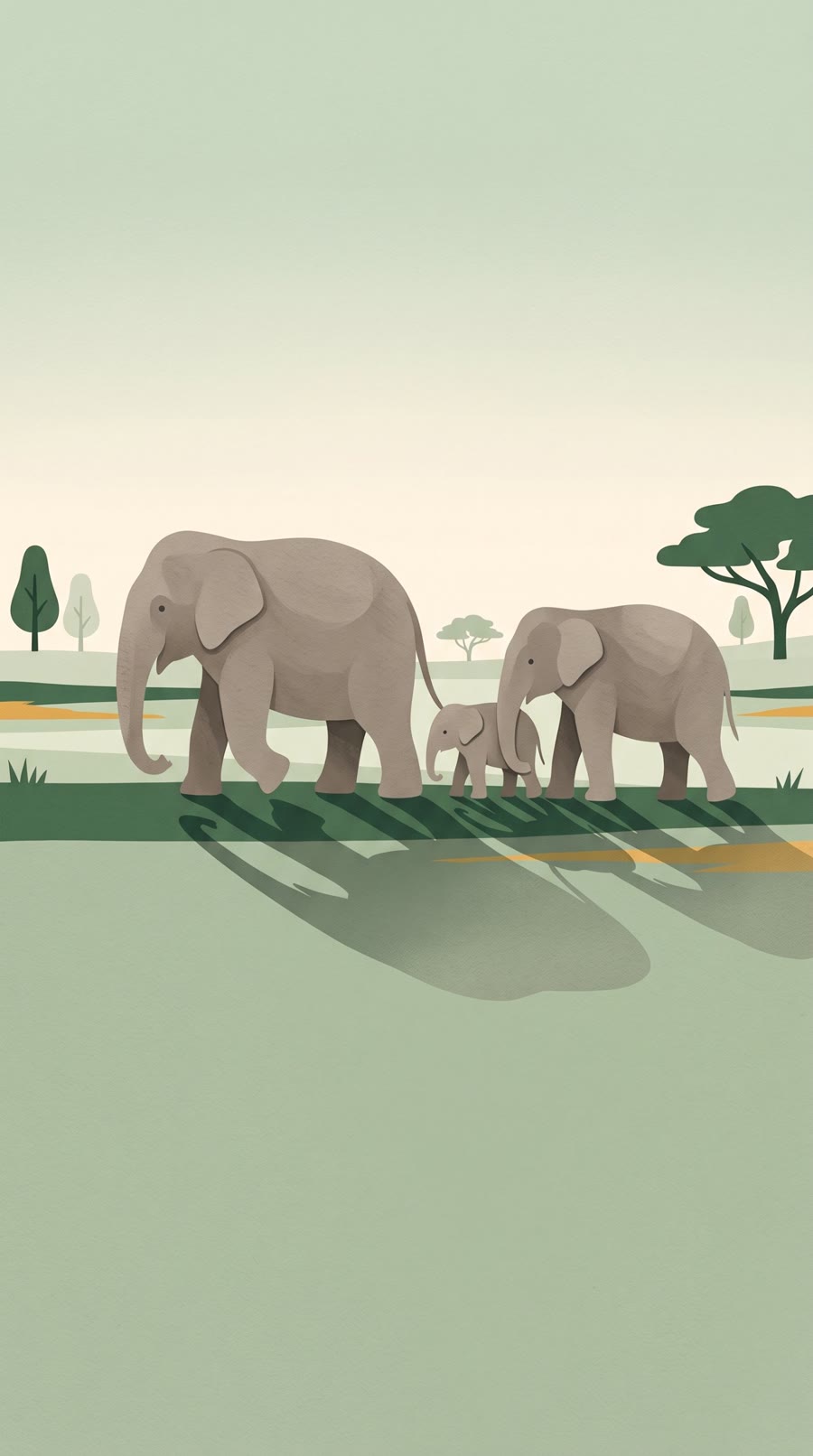 Illustration: three elephants cross grassland at dusk, a calf between two adults